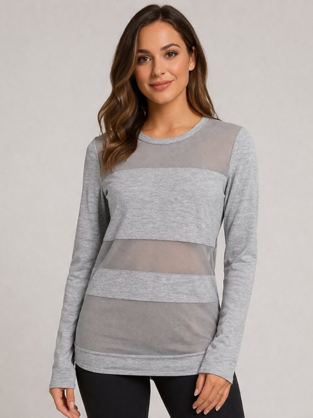 Gray Tunic Top Mesh T-Shirt Crew Long Sleeve Medium